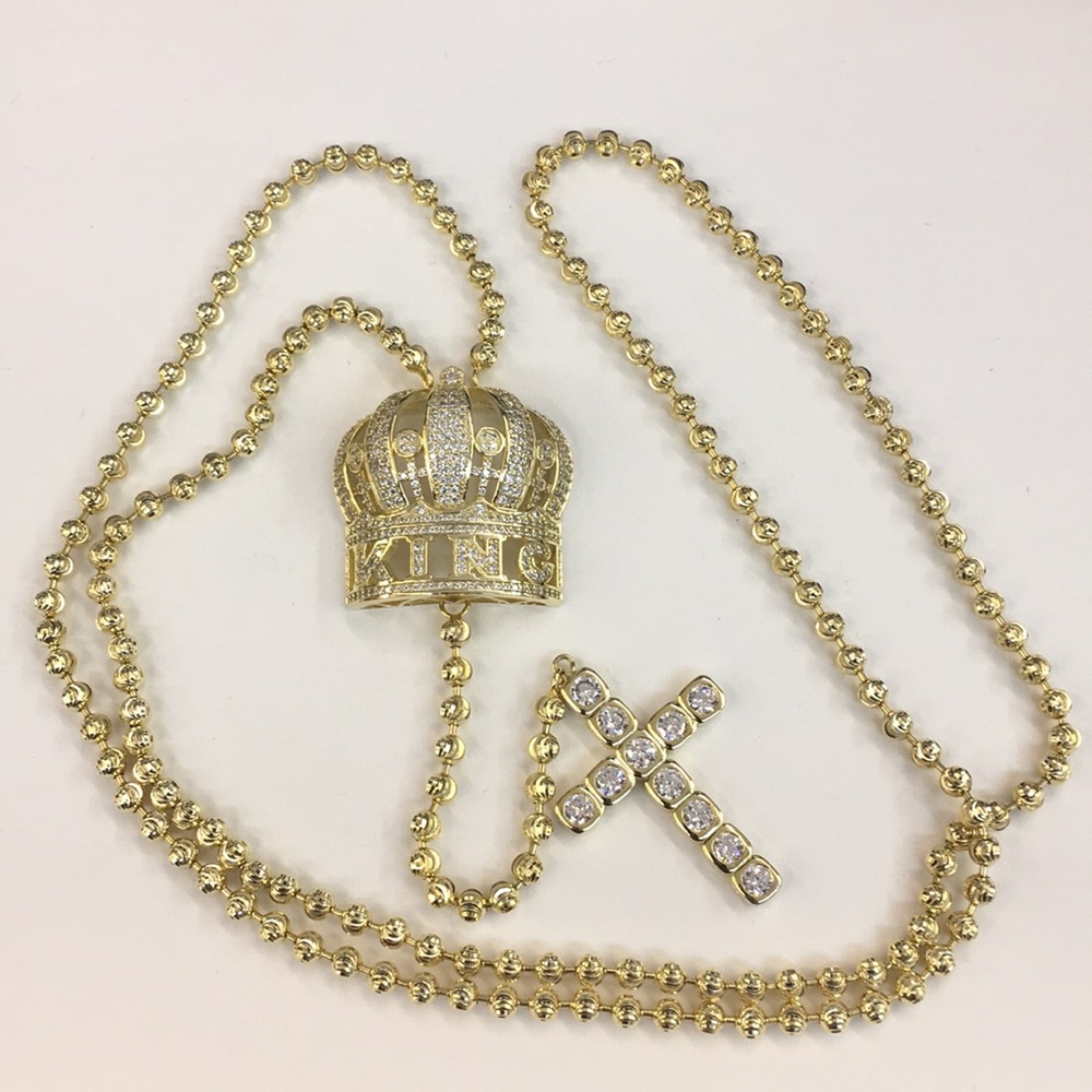 Silver Crown & Cross Pendant Moon Cut Rosary Bead